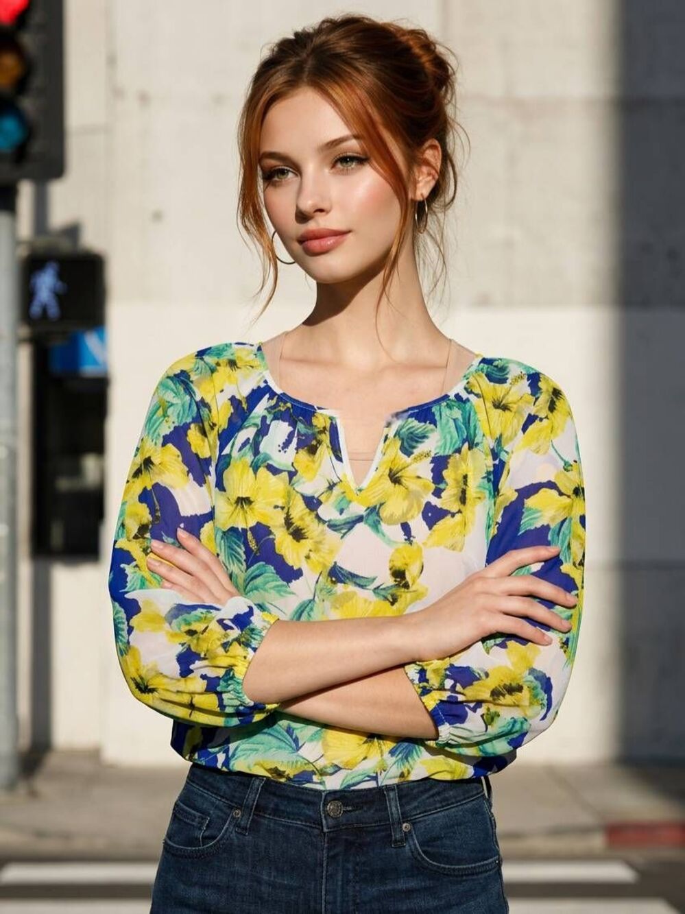 🔹️JM Collection Yellow & Blue Floral Long Sleeve Top Medium